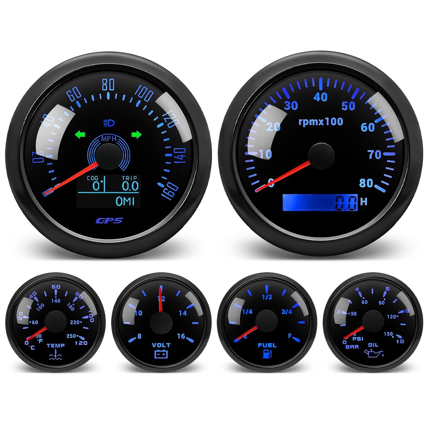 Faymizsa Juego de 6 calibres de 7 colores, velocímetro GPS de 3-38 pulgadas, 160 MPH y tacómetro, medidor de presión de aceite de 2-116 pulgadas,