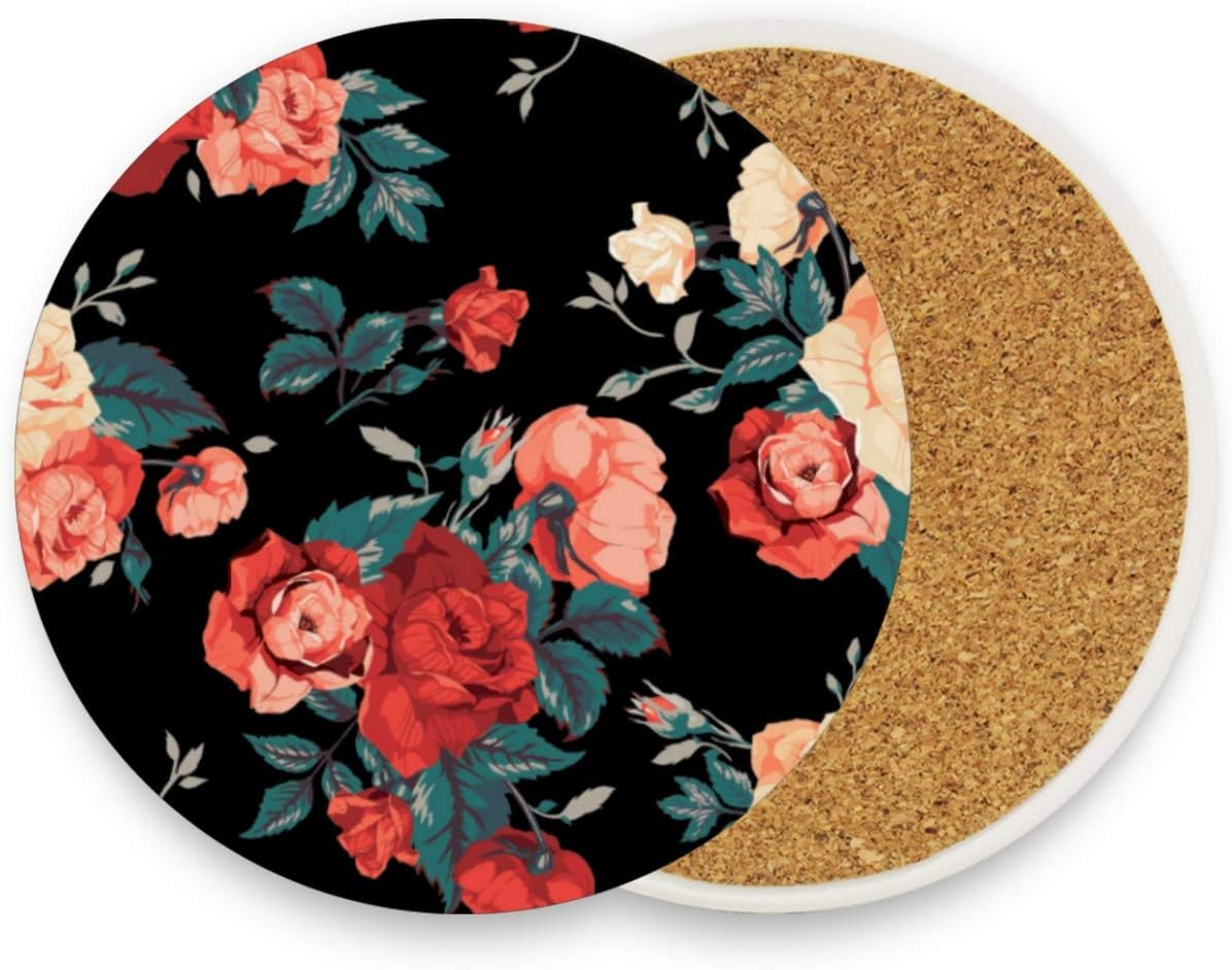 visesunny Posavasos de piedra con patrón floral de rosas que absorben la humedad con base de corcho para protección de mesa para evitar daños en los