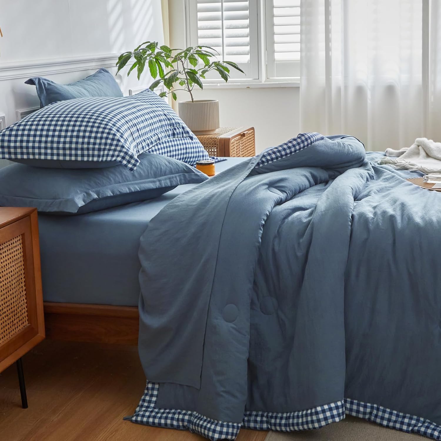 WARMDERN Juego de edredón de cuadros de búfalo tamaño King, juego de edredón ligero y suave, juego de ropa de cama tamaño King de 7 piezas con