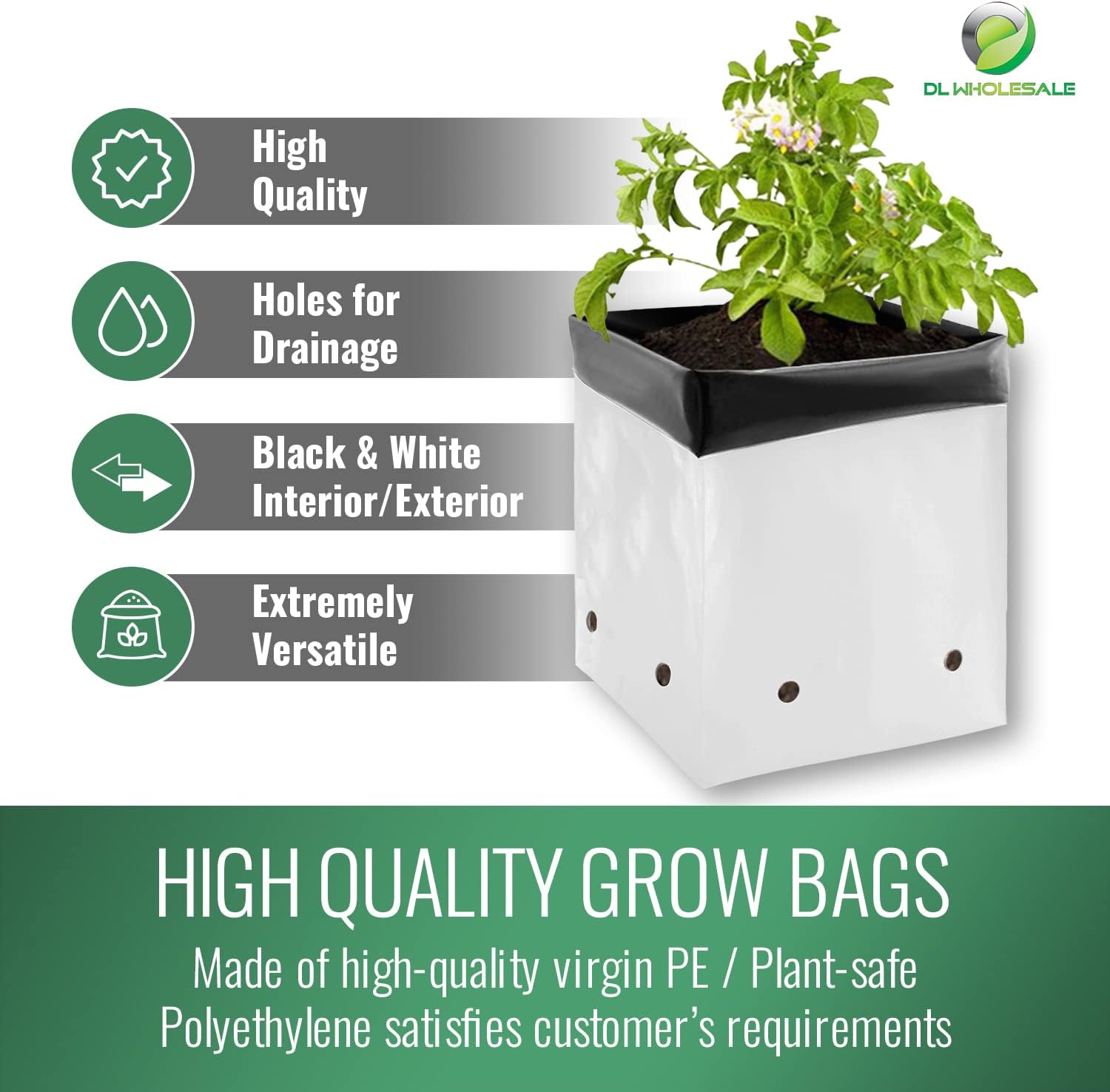 Grow1 Bolsas de cultivo de 3 galones (paquete de 50) bolsas de polietileno en blanco y negro para plantas, perfectas para bolsas de vivero de