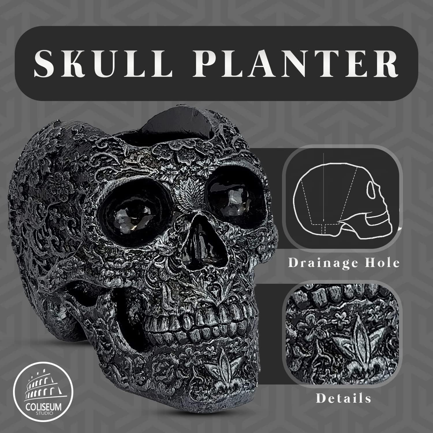 Coliseum Studio Inc Maceta de calavera  Decoración de calavera  Maceta con drenaje  Maceta de calavera  Para suculentas y cactus  Interiorexterior