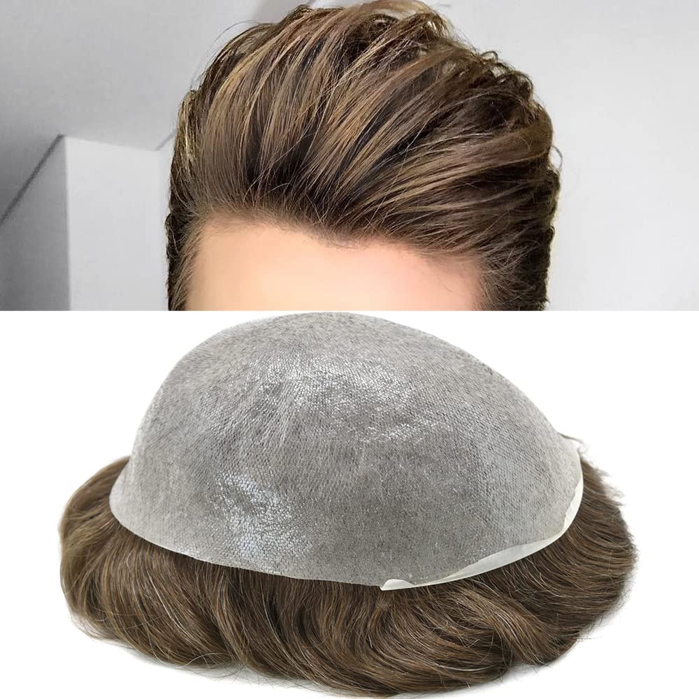 Healthlif Pieza de cabello humano tipo tupé para hombre, con bucle en V, ultra fino, para hombres, sistema de cabello, extensiones para hombres,