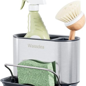 Dispensador de jabón para fregadero de cocina, organizador de fregadero de cocina, soporte de esponja de acero inoxidable, fácil de limpiar, bandeja Dispensador de jabón para fregadero de cocina, organizador de fregadero de cocina, soporte de esponja de acero inoxidable, fácil de limpiar, bandeja