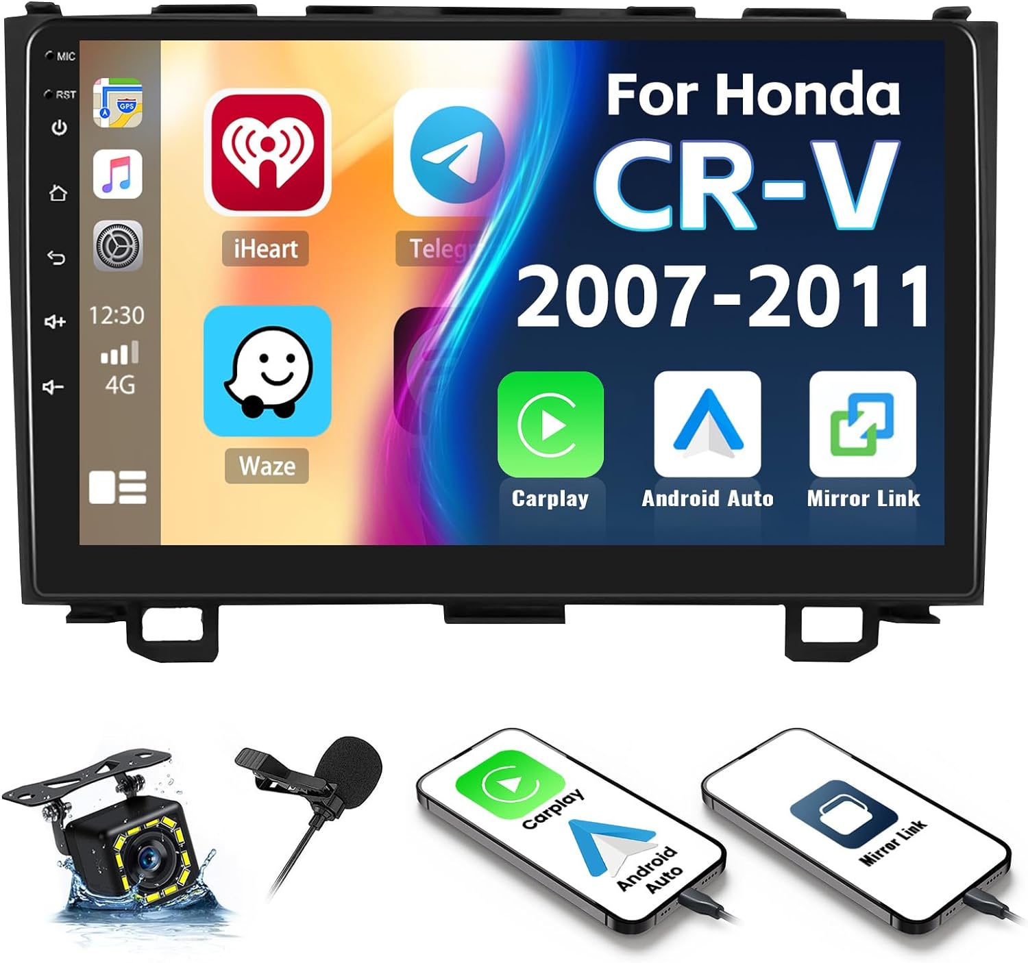Reproductor MP5 estéreo para Honda CRV 2007-2011 Radio de coche con Apple Carplay Android Auto Mirror Link, 9 pulgadas pantalla táctil Radio de