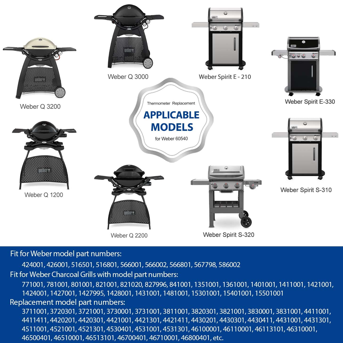 GGC Termómetro de repuesto para parrillas Weber 60540 Spirit ES210 ES220 ES230 Carbón Q120 Q200 Q300 Series, medidor de temperatura para 7581