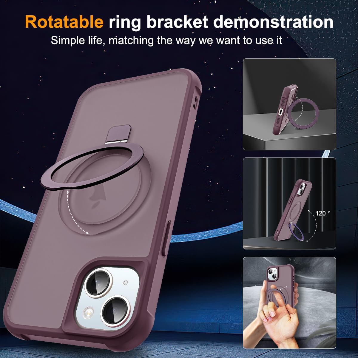 Funda de teléfono para iPhone 14 Plus de 6.7 pulgadas con soporte de anillo magnético reforzado, cubierta trasera translúcida compatible con Magsafe