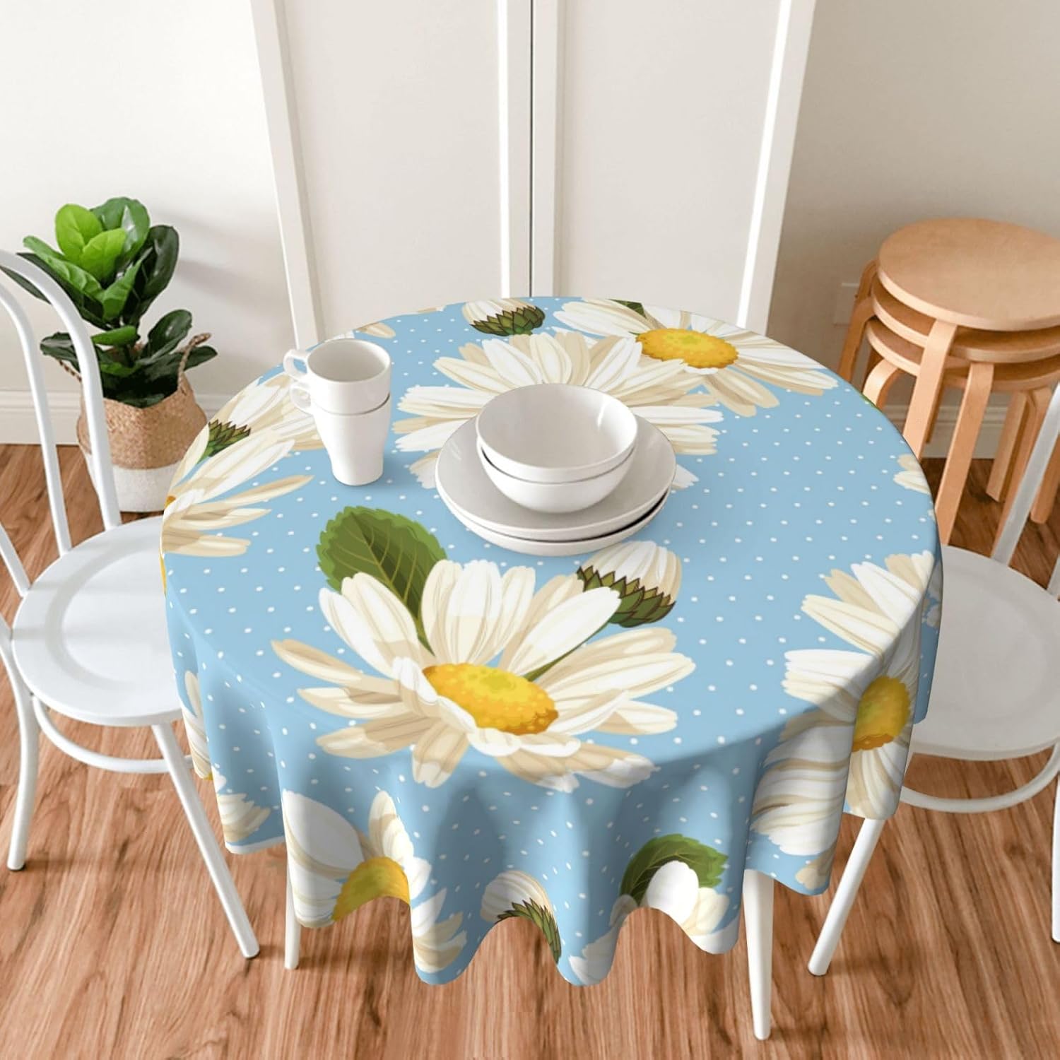 Daisy Tablecloth Round Table Cloths 60 Inch Wrinkle Resistant Picnic Table Covers Washable for Kitchen Party Fall Decorations for Home