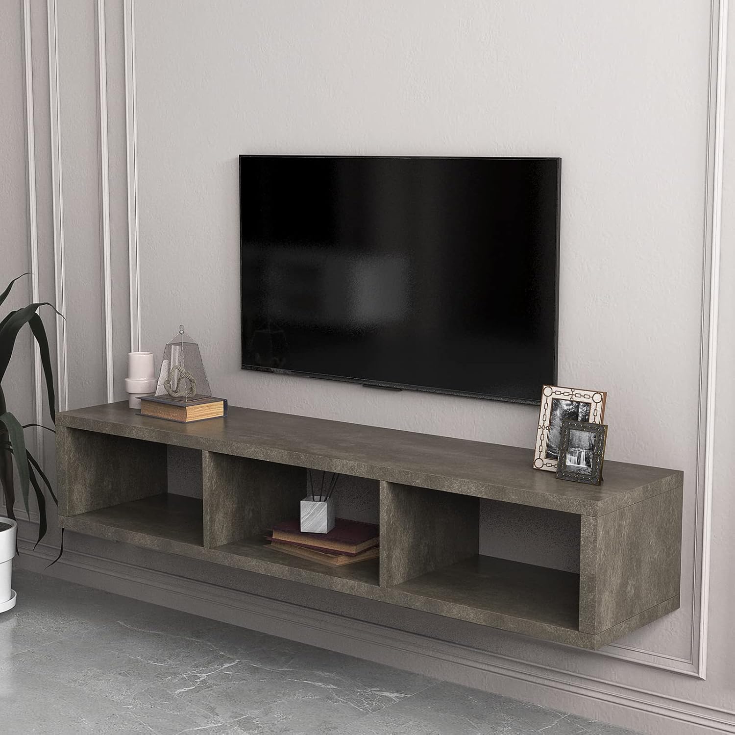 Soporte flotante de TV de 60 pulgadas para montar en la pared con 3 compartimentos abiertos, centro de entretenimiento colgante para sala de estar,