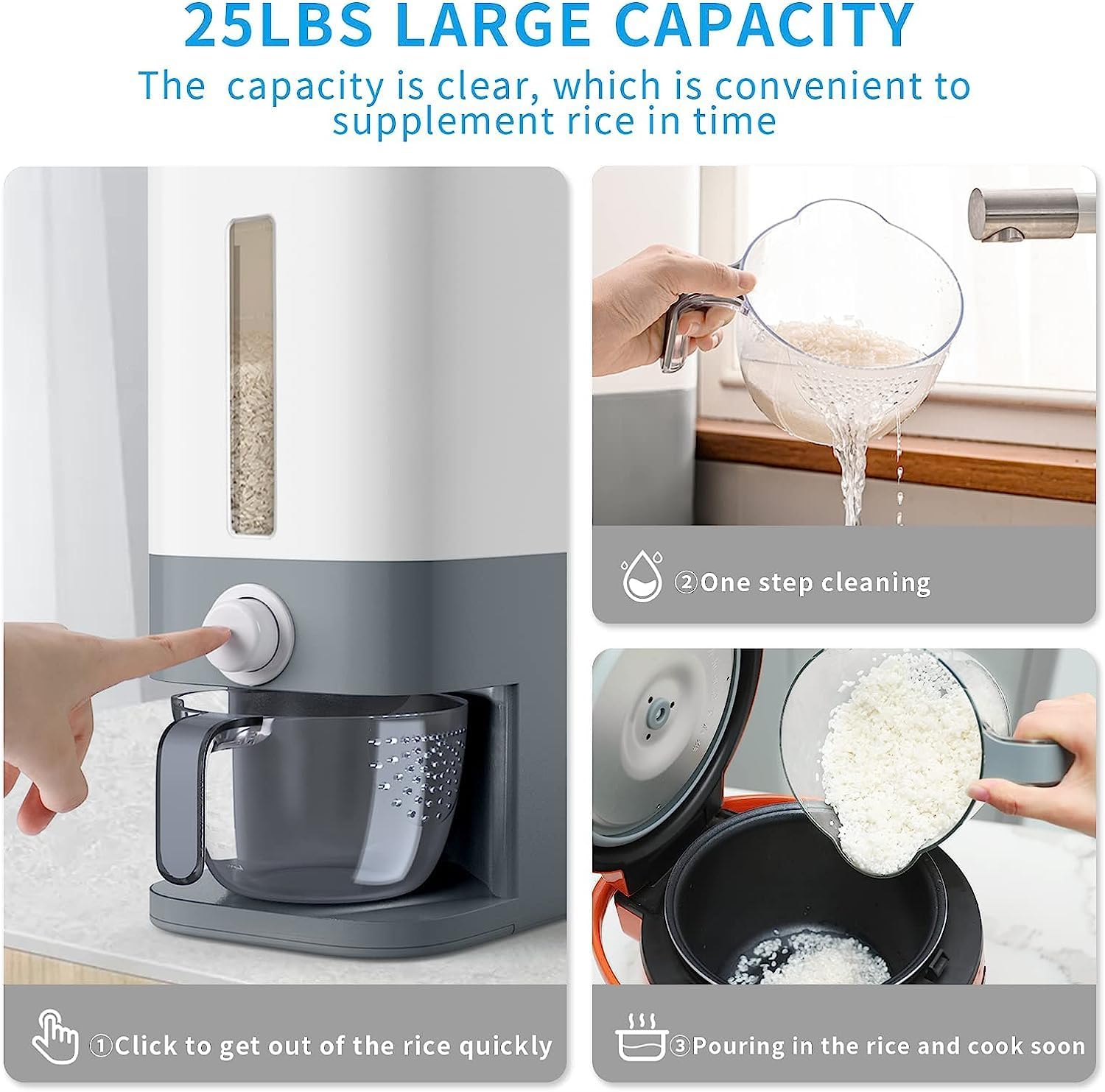 Fastand Dispensador de arroz de 25 libras, recipiente de almacenamiento de alimentos secos de cereales con taza medidora, hermético, a prueba de