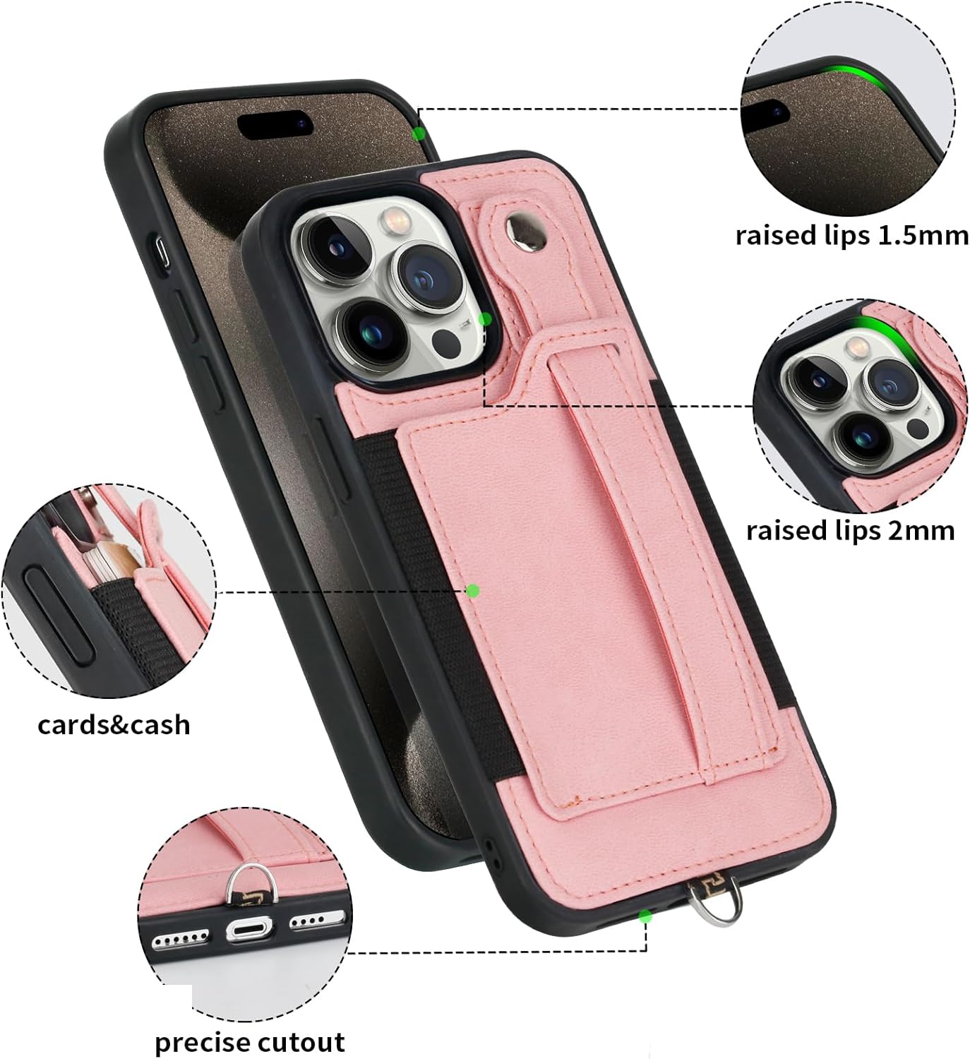 TOOVREN Funda para teléfono compatible con iPhone 15 Pro Max con cordón para iPhone 15 Pro Max, funda tipo cartera con soporte para tarjetas, funda