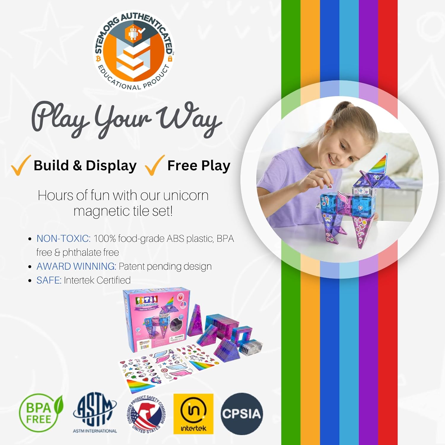 Tytan Tiles Ultimate Unicorn – Juego de construcción de azulejos magnéticos, adorable juguete STEM para niños, juego creativo, reconocimiento de