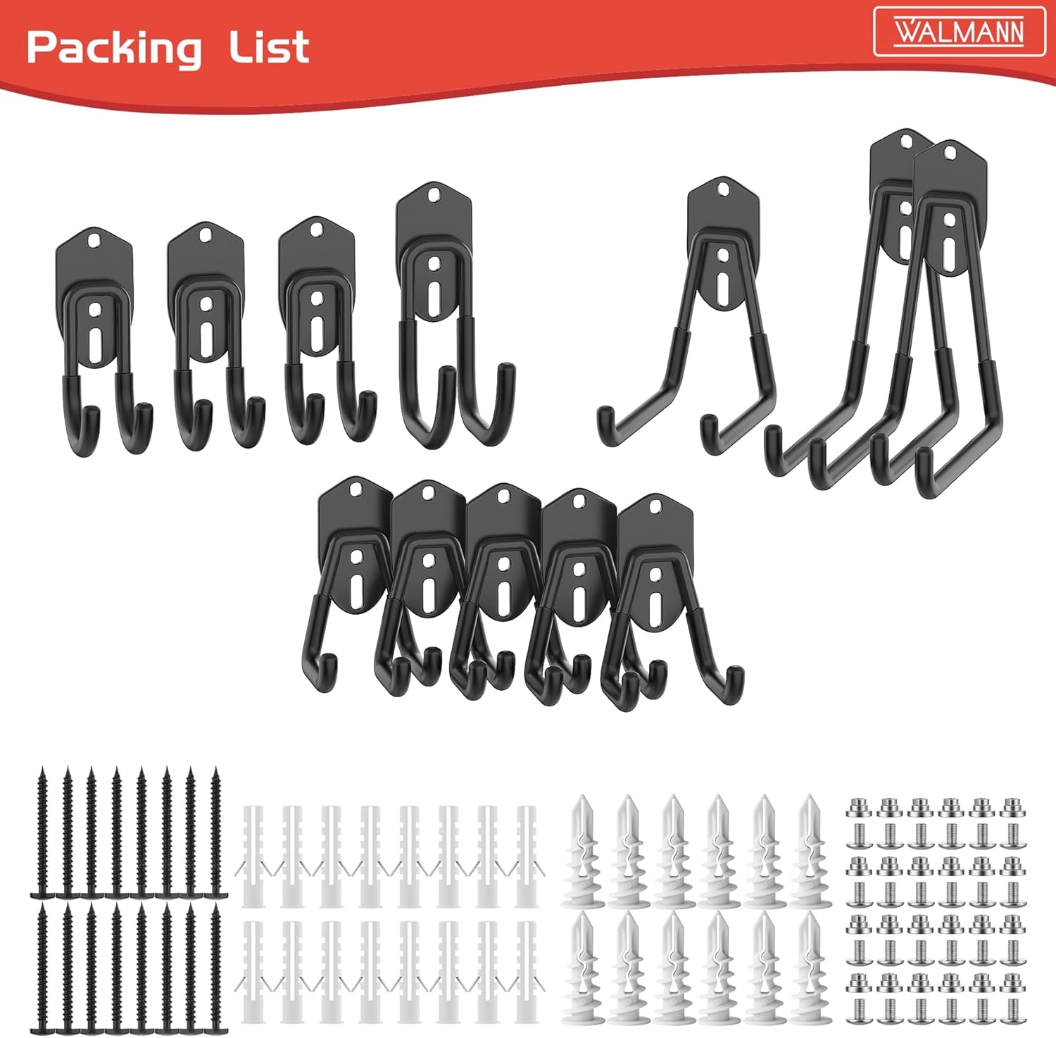 WALMANN Ganchos de almacenamiento de garaje, ganchos de montaje en pared para herramientas, escaleras, cables, sillas plegables, palas y rastrillos,