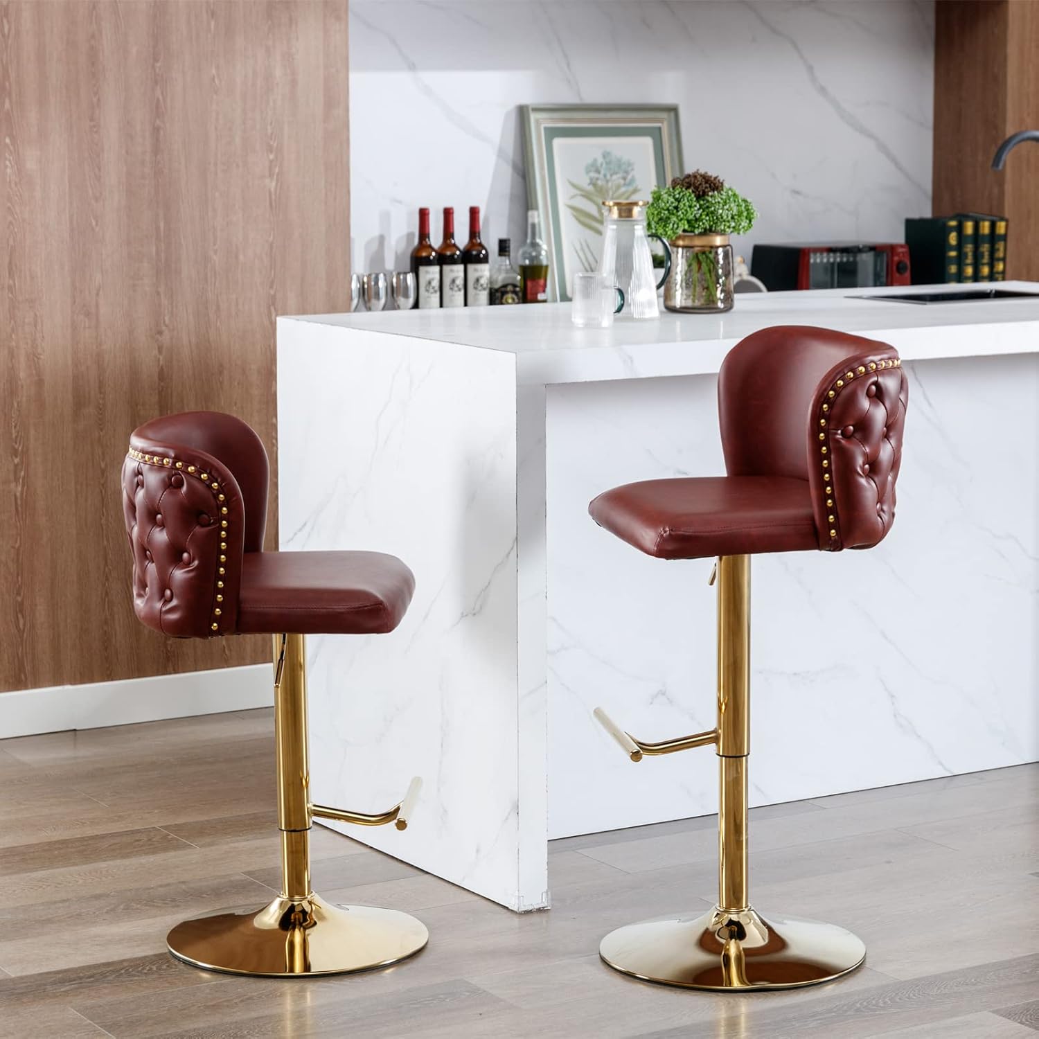 Juego de 2 taburetes de bar, taburetes de bar giratorios ajustables con respaldo copetudo y reposapiés, taburetes de cocina tapizados de poliuretano