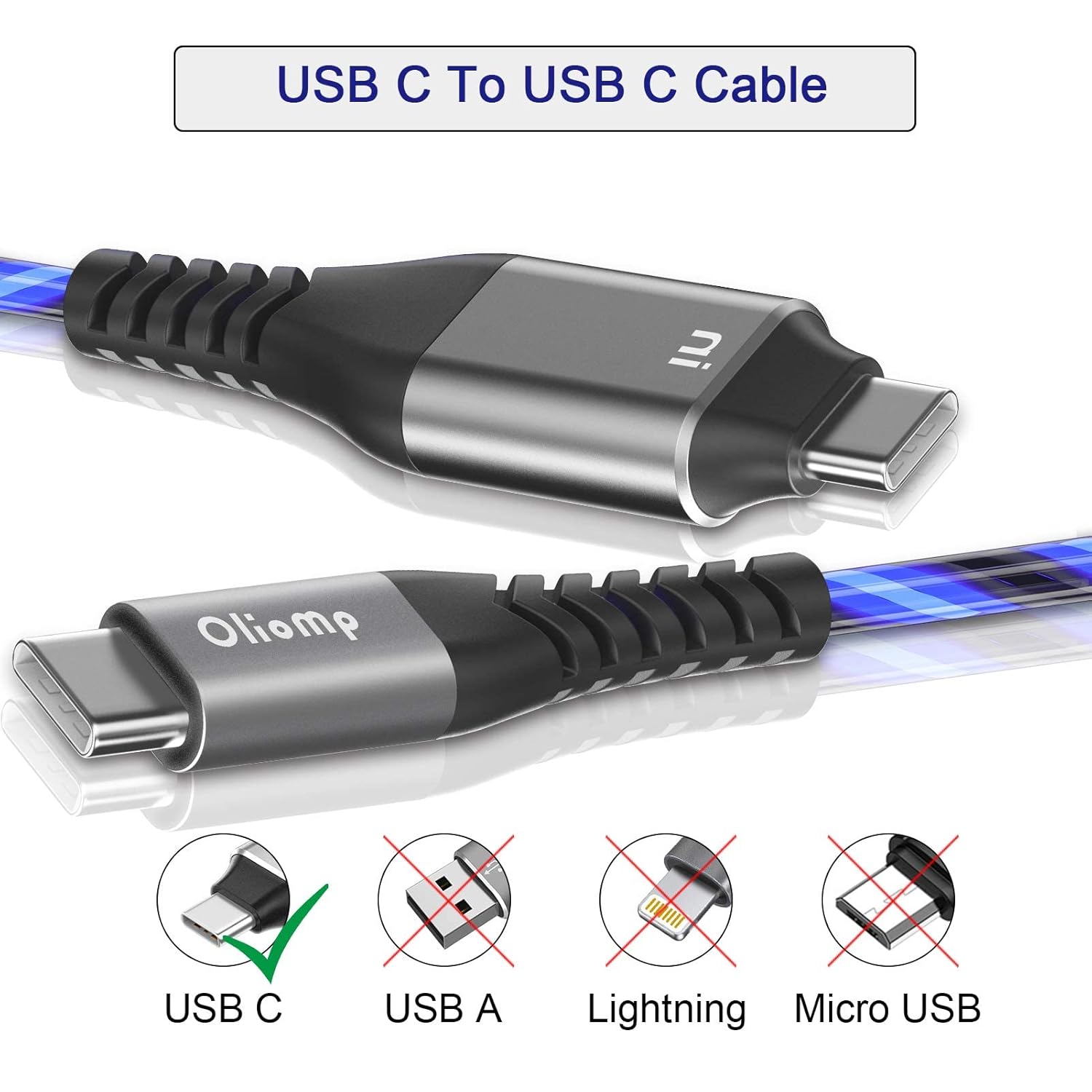 Cable USB C a USB C de 6 pies 60 W 3A con luz USB C, cable de carga rápida, cable LED tipo C a tipo C para iPhone1515Pro15Plus15ProMaxiPad