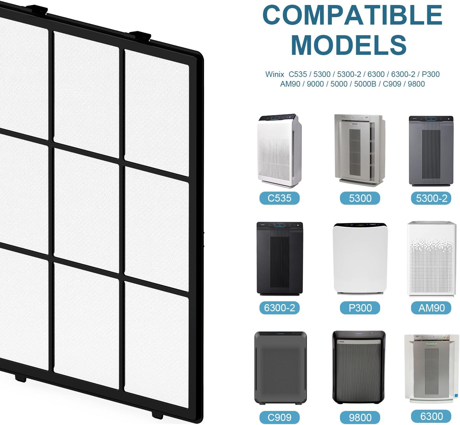 Juego de prefiltros lavables para purificador de aire Winix PlasmaWave C535 5300-2 6300-2, 2 prefiltros de malla fina lavables y 2 filtros de carbón