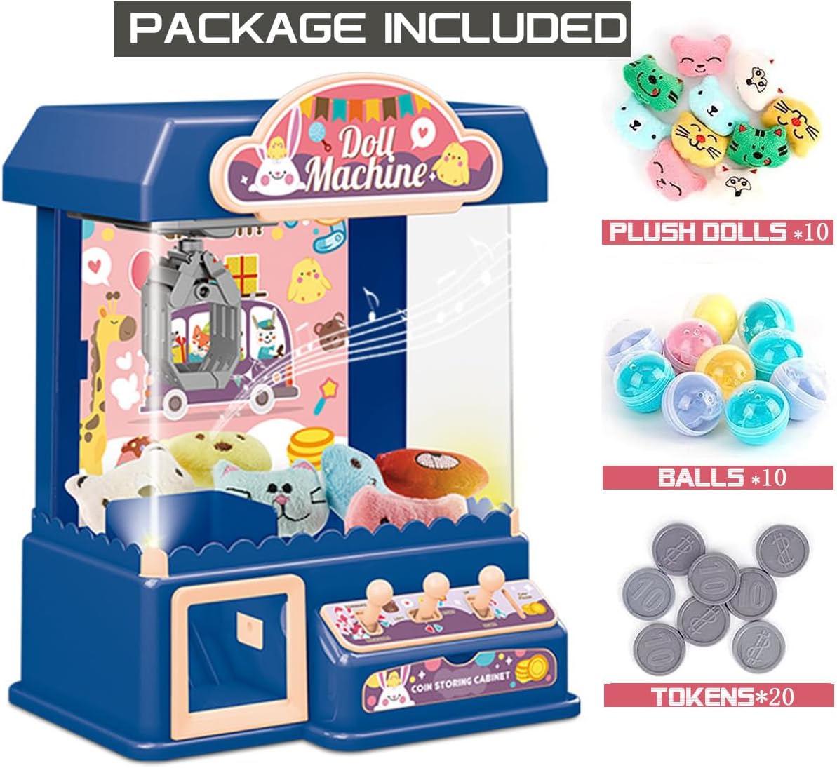 Mini Claw Machine Toys for Kids, Candy Grabber & Prize Dispenser Vending Machine with Music & Light, 60 Seconds Countdown, 2 Power Supply Modes, for