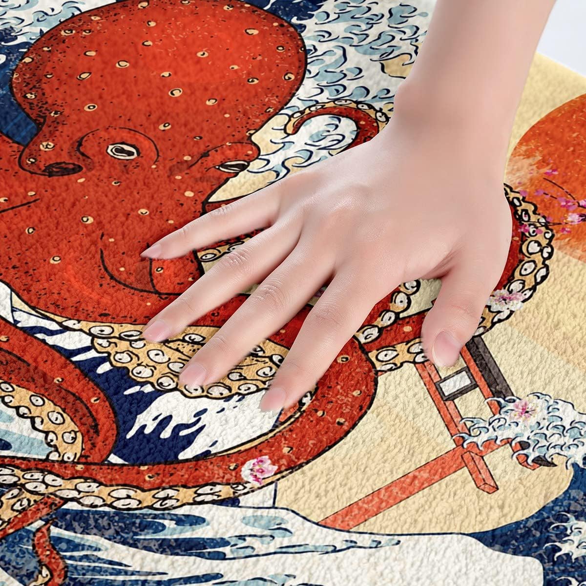 Alfombra de baño con diseño de flor de cerezo, alfombra de tentáculos de pulpo, 16 x 24 pulgadas, alfombra de baño con olas de mar japonesas,