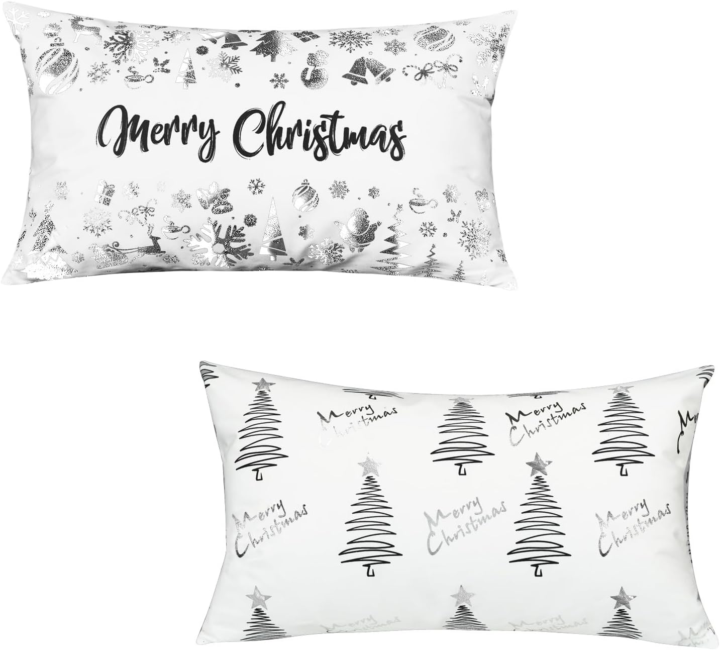 Juego de 2 fundas de almohada decorativas de Navidad de 12 x 20 pulgadas, color blanco y plateado, decoración de invierno, adornos de árboles de