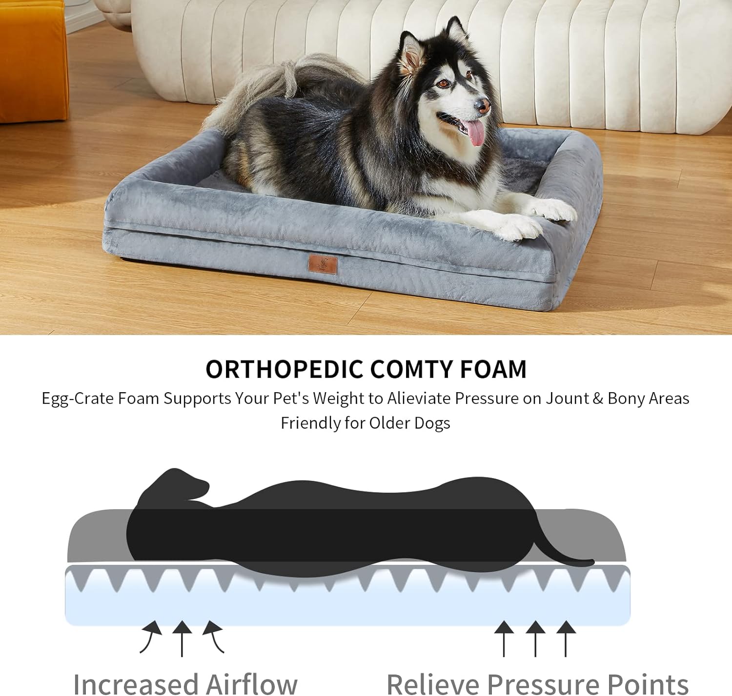 Cama grande para perro, cama ortopédica gris oscuro, cama impermeable para perro con funda extraíble, sofá cama suave extraíble de 4 lados con parte