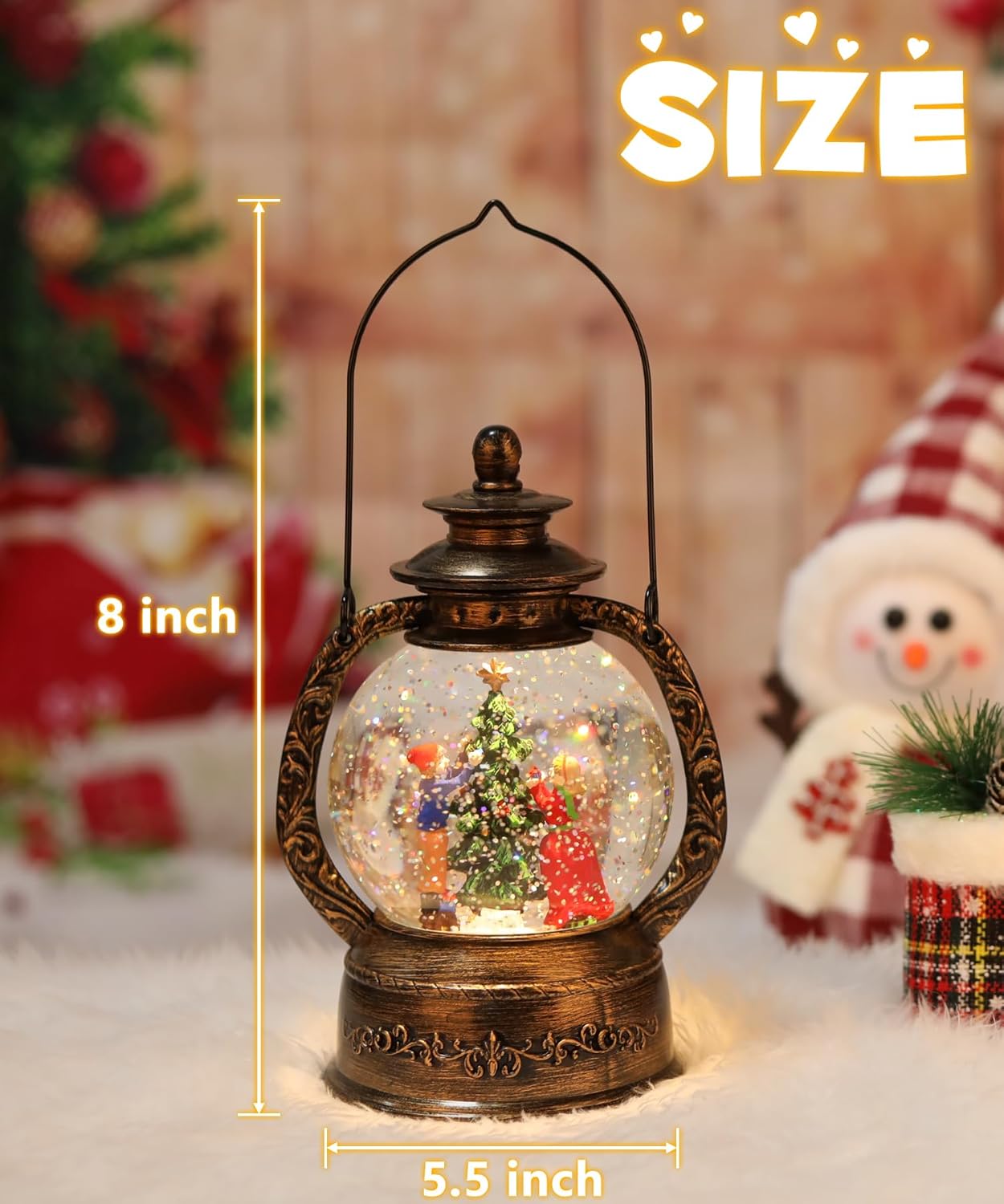 Linterna de globo de nieve de Navidad, decoración musical de globo de nieve con purpurina iluminada, temporizador de 6 horas, funciona con USB y