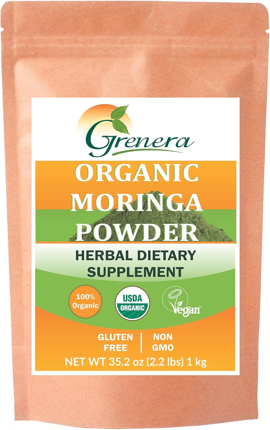 Grenera Polvo de moringa orgánica  2.2 libras (35.2 onzas)  Polvo de hoja de Moringa oleifera probado en laboratorio para pureza  Moringa en polvo