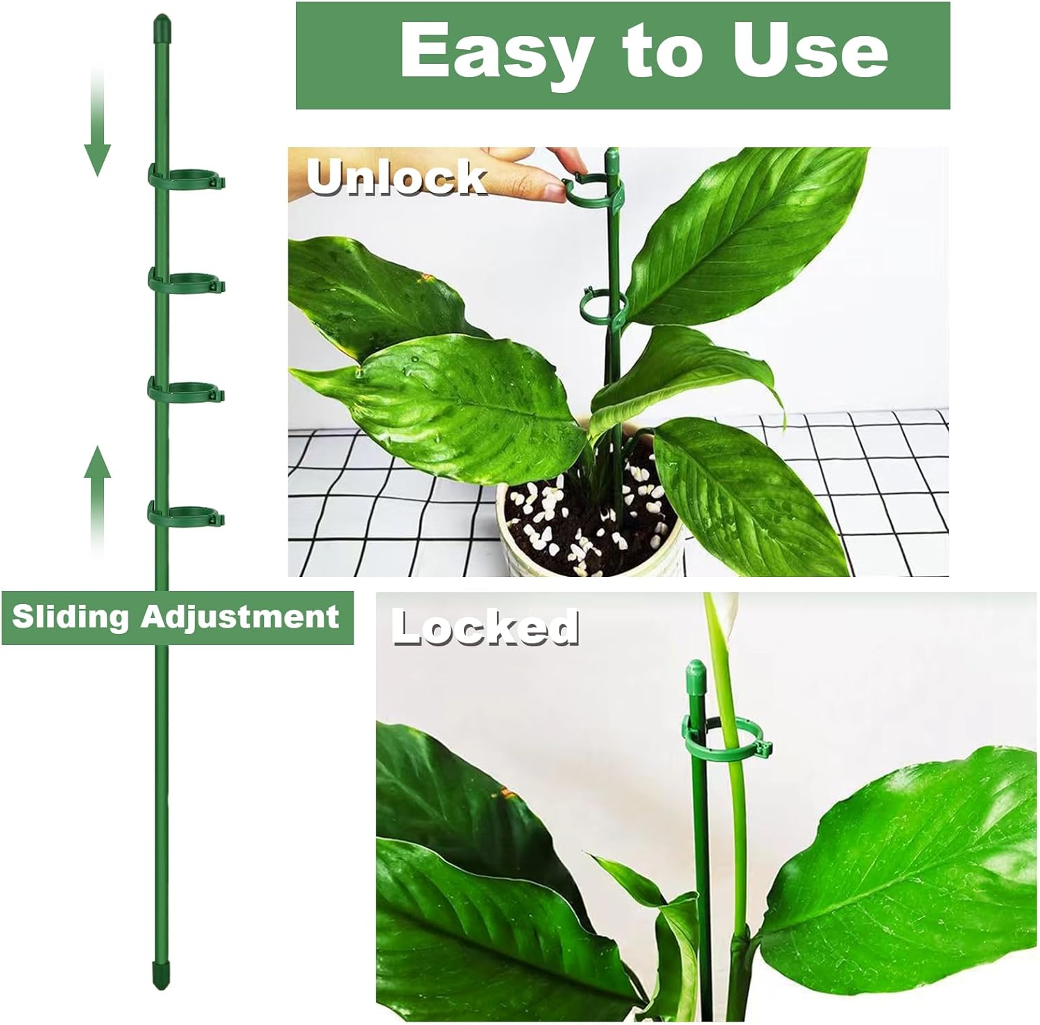 100 estacas de 15.7 pulgadas para plantas de fibra de vidrio verde ajustable para jardín con 100 anillos de hebilla para plantas de interior y