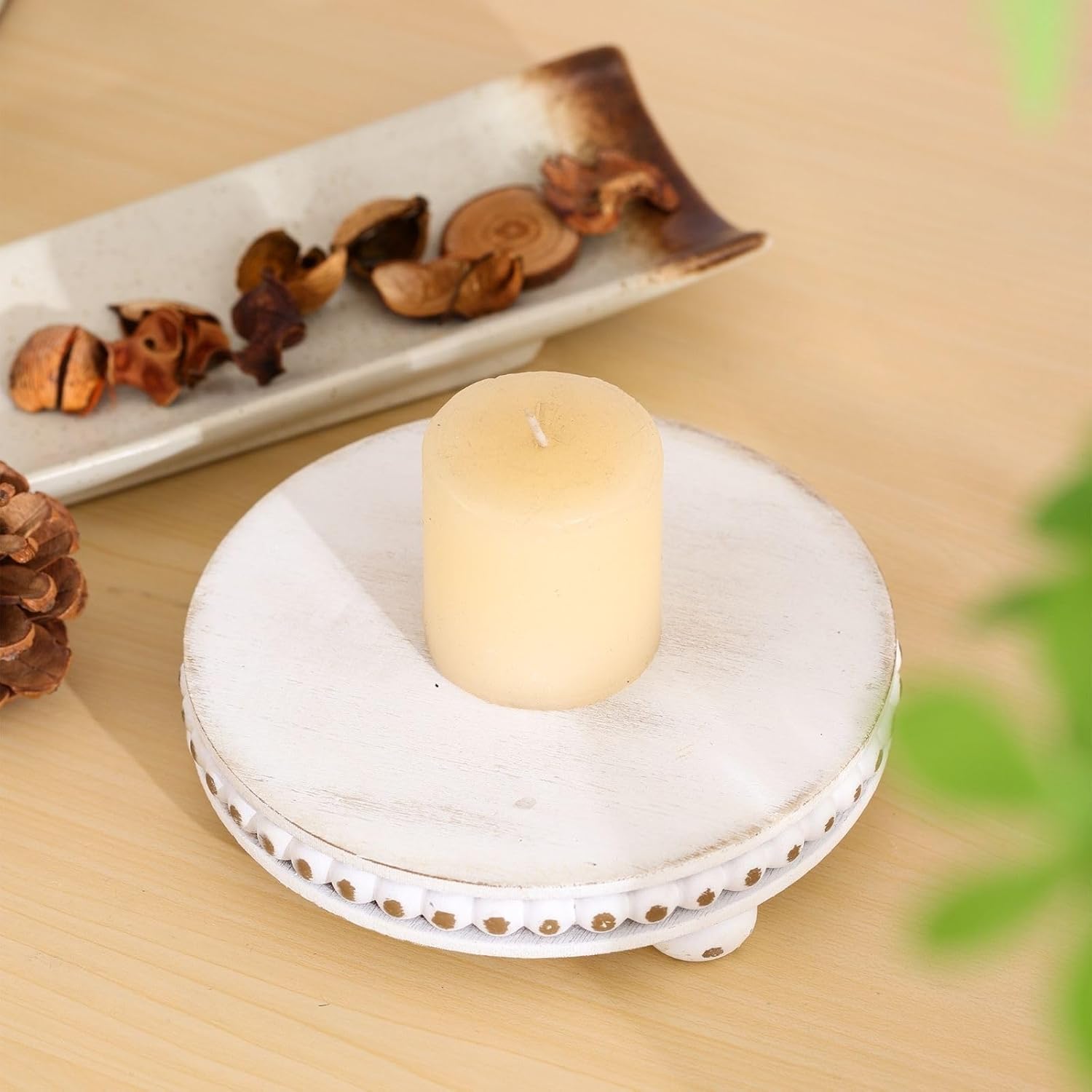 2 elevadores de madera para decoración con cuentas de pedestal de madera para encimera de cocina, elevadores rústicos para exhibición, decoración