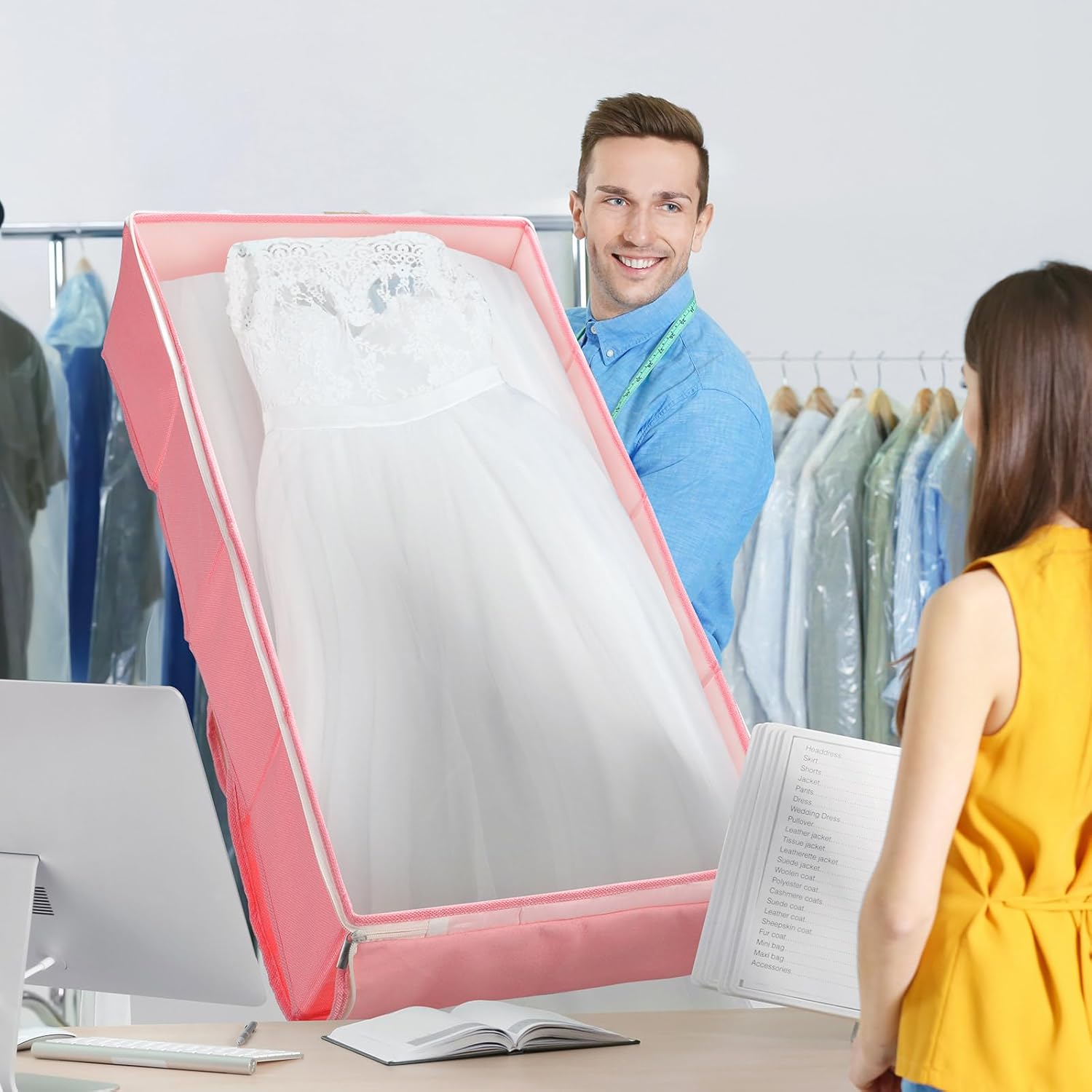 Kit de caja de conservación para vestidos de novia con 1 par de guantes de microfibra y 100 hojas de papel de seda sin ácidos para almacenamiento de