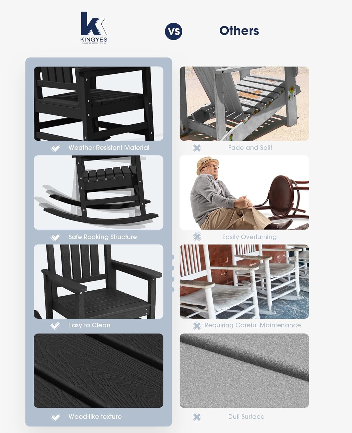 KINGYES Mecedoras para exteriores, resistentes a la intemperie, mecedoras de patio con respaldo alto para adultos, color negro