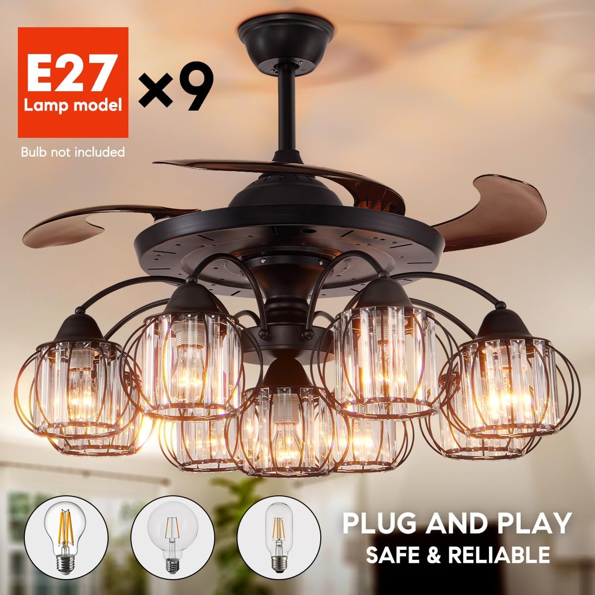 A Million Ventiladores de techo con luces, moderno ventilador de techo rústico de 42 pulgadas negro con motor silencioso reversible de 6 velocidades