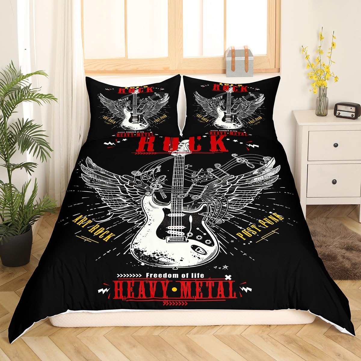 Feelyou Funda de edredón con temática de música rock, juego de ropa de cama con patrón musical para niños, adolescentes, alas de pájaro, funda de