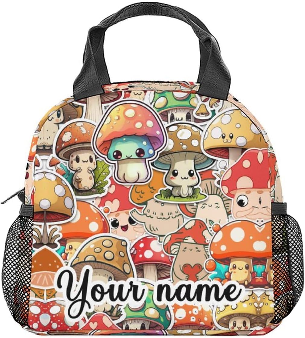 COOPASIA Lonchera personalizada de hongos para niños, lonchera aislada para niñas y niños, coloridas bolsas de almuerzo reutilizables, pequeña con