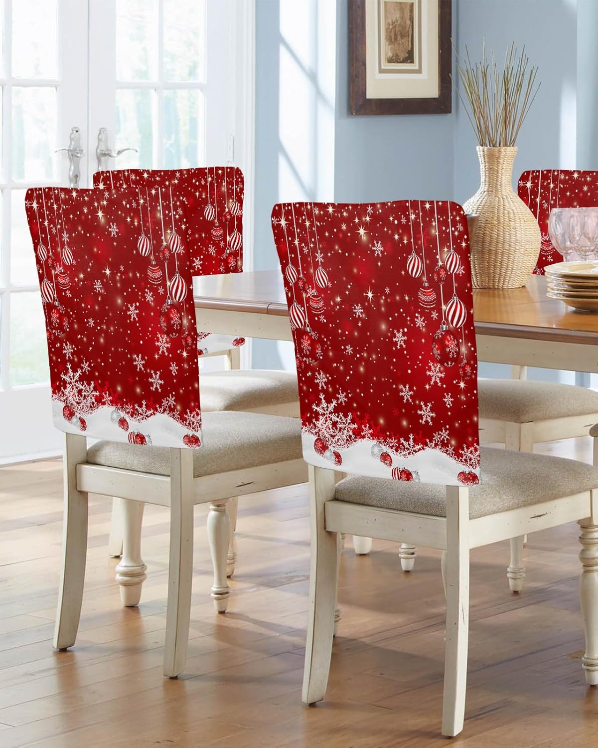 Meet 1998 Juego de 6 fundas de silla de Navidad con respaldo rojo, protector de silla de bolas de Navidad elásticas para cocina, hotel, extraíble,