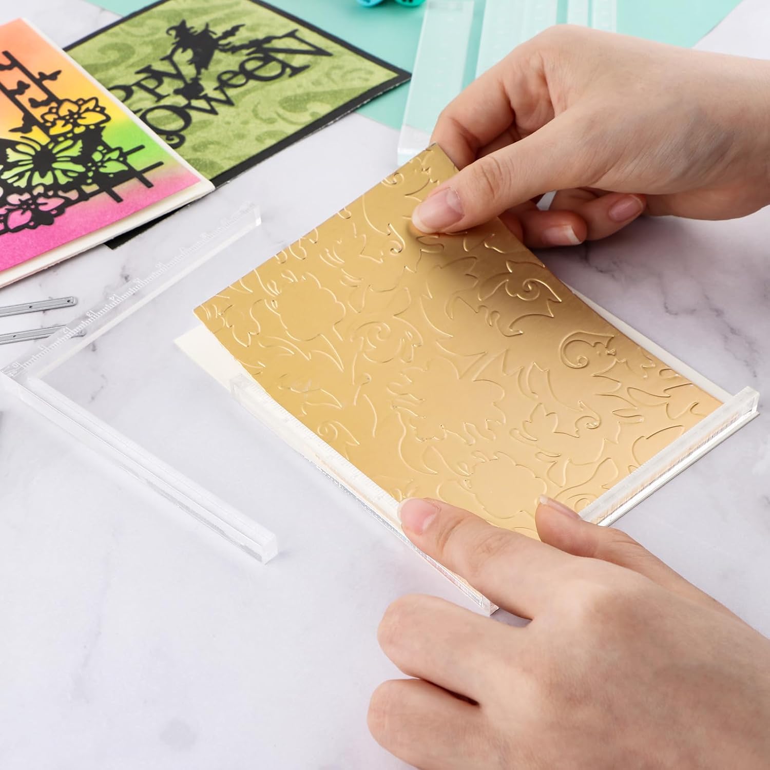 Juego de 9 piezas de posicionamiento creativo, esquinas de tarjetas, ayudantes con herramienta de carpeta de huesos, esquinas de estampado,