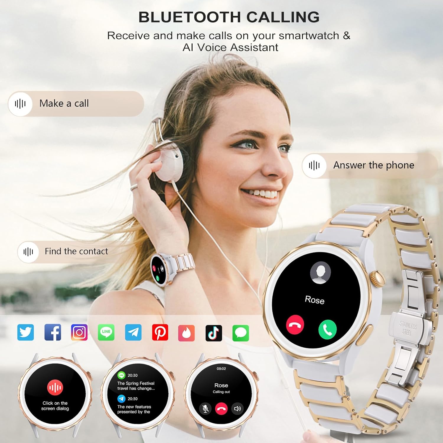 Relojes inteligentes para mujer (respuestahacer llamadas), relojes Fulltouch con monitor de presión arterialsueñofrecuencia cardíaca, 100 modos