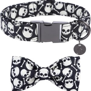 DOGWONG Collar de perro fantasma de Halloween con corbatín, collar de perro de calavera negra para Halloween, duradero y suave, collar de perro para DOGWONG Collar de perro fantasma de Halloween con corbatín, collar de perro de calavera negra para Halloween, duradero y suave, collar de perro para