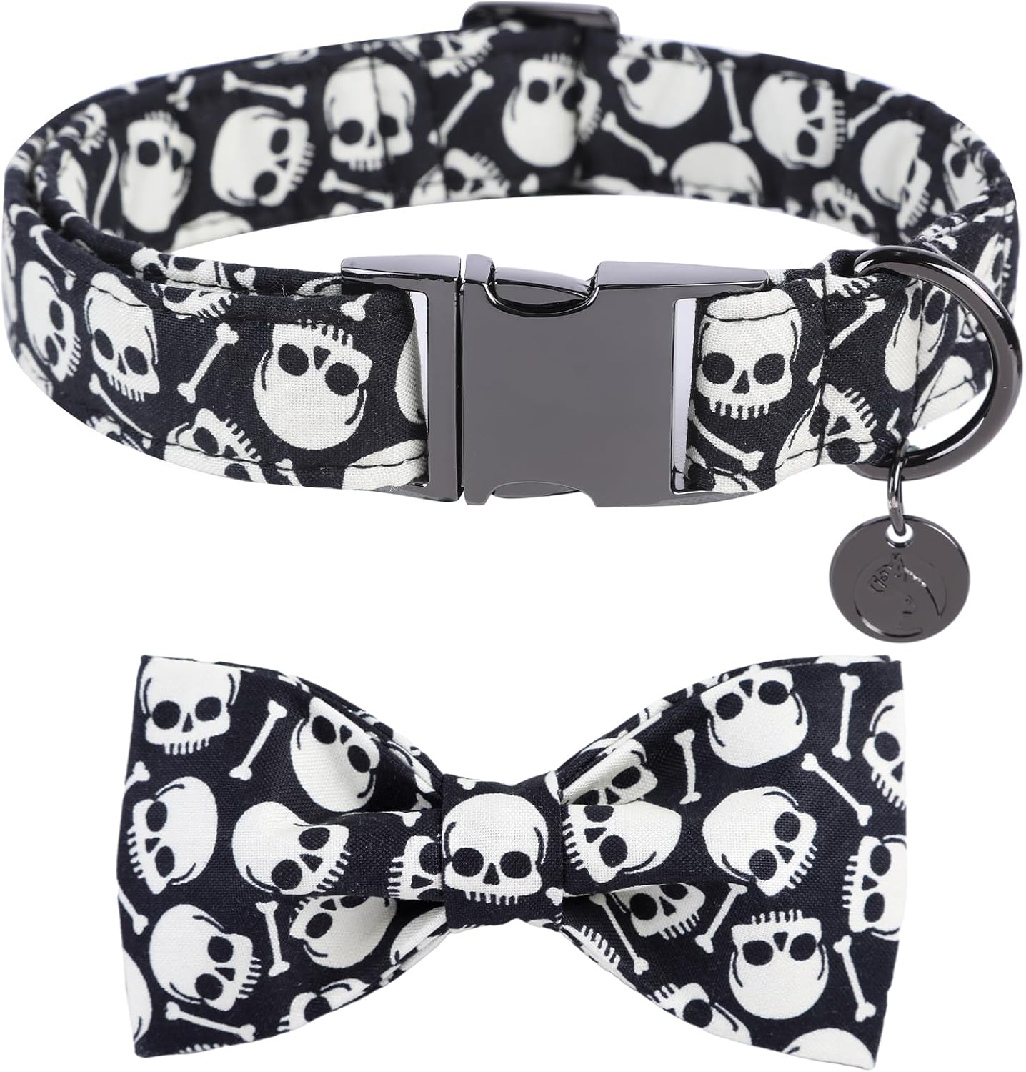 DOGWONG Collar de perro fantasma de Halloween con corbatín, collar de perro de calavera negra para Halloween, duradero y suave, collar de perro para