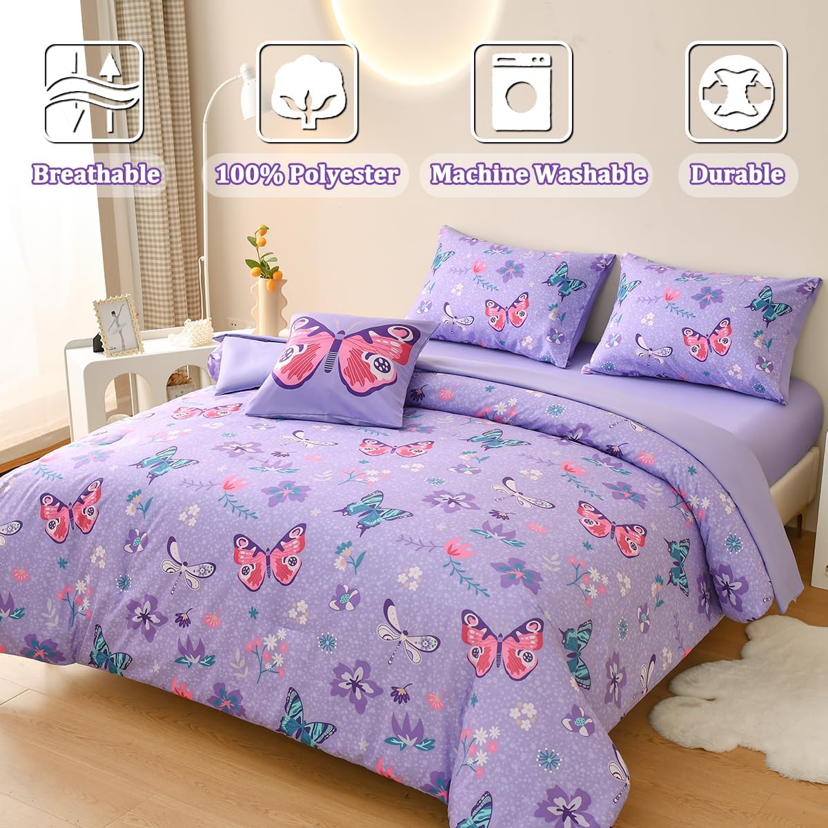 Tasselily Juego de ropa de cama de mariposa matrimonial, juego de edredón de mariposa púrpura para niñas, niños y adolescentes, 6 piezas de cama en
