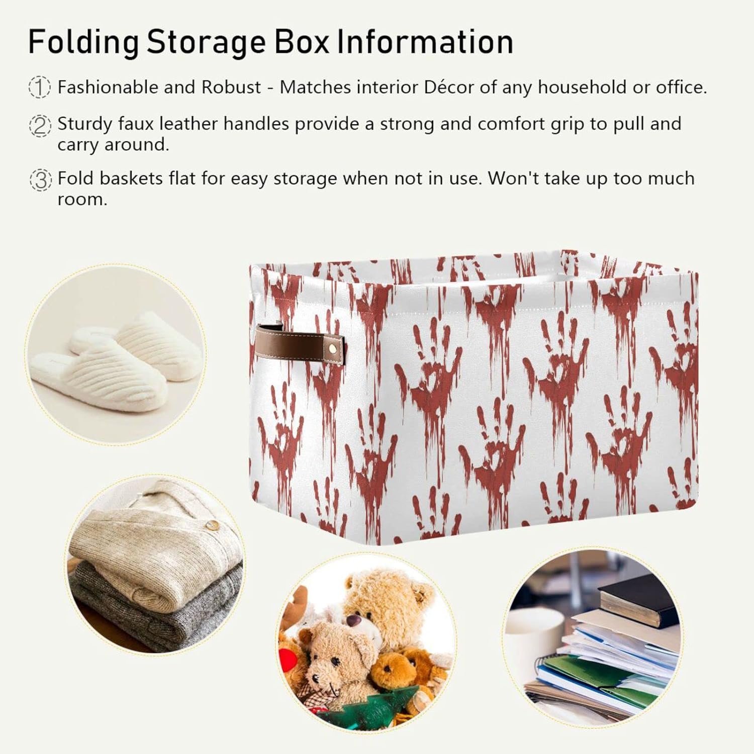 Cesta de almacenamiento grande para Halloween, diseño de zombi sangriento, plegable, organizador con asas para dormitorio, hogar, oficina