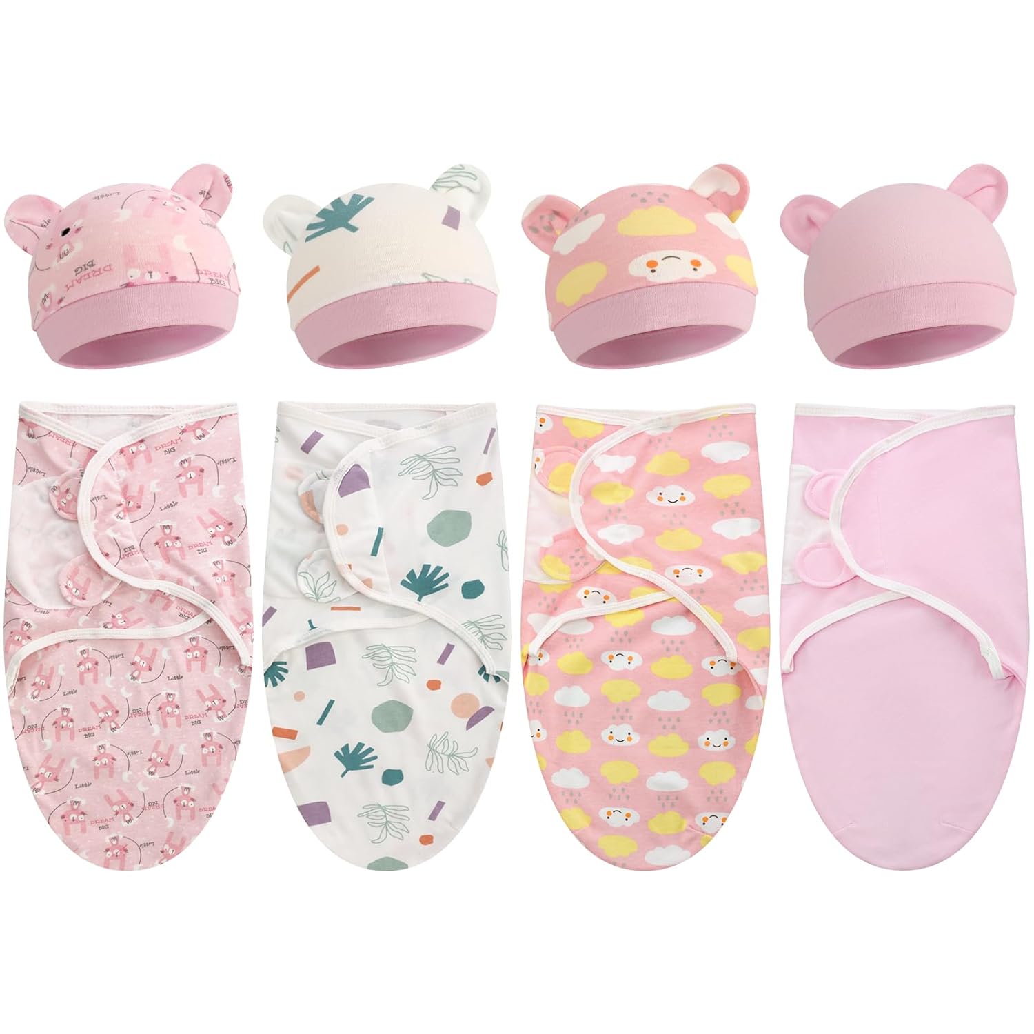 Buryeah Paquete de 4 mantas para bebé prematuro con gorro para bebés niños y niñas de 3 a 7 libras, ropa para recién nacidos, gorro para dormir,