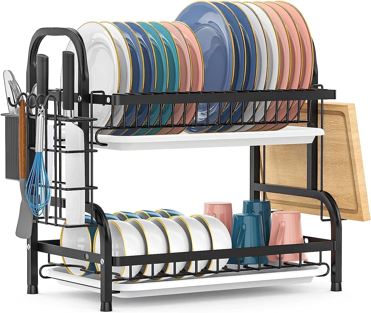 Escurridor de platos, juego de 2 niveles de acero inoxidable con soporte para cubiertos, soporte para tabla de cortar, escurridor de platos para