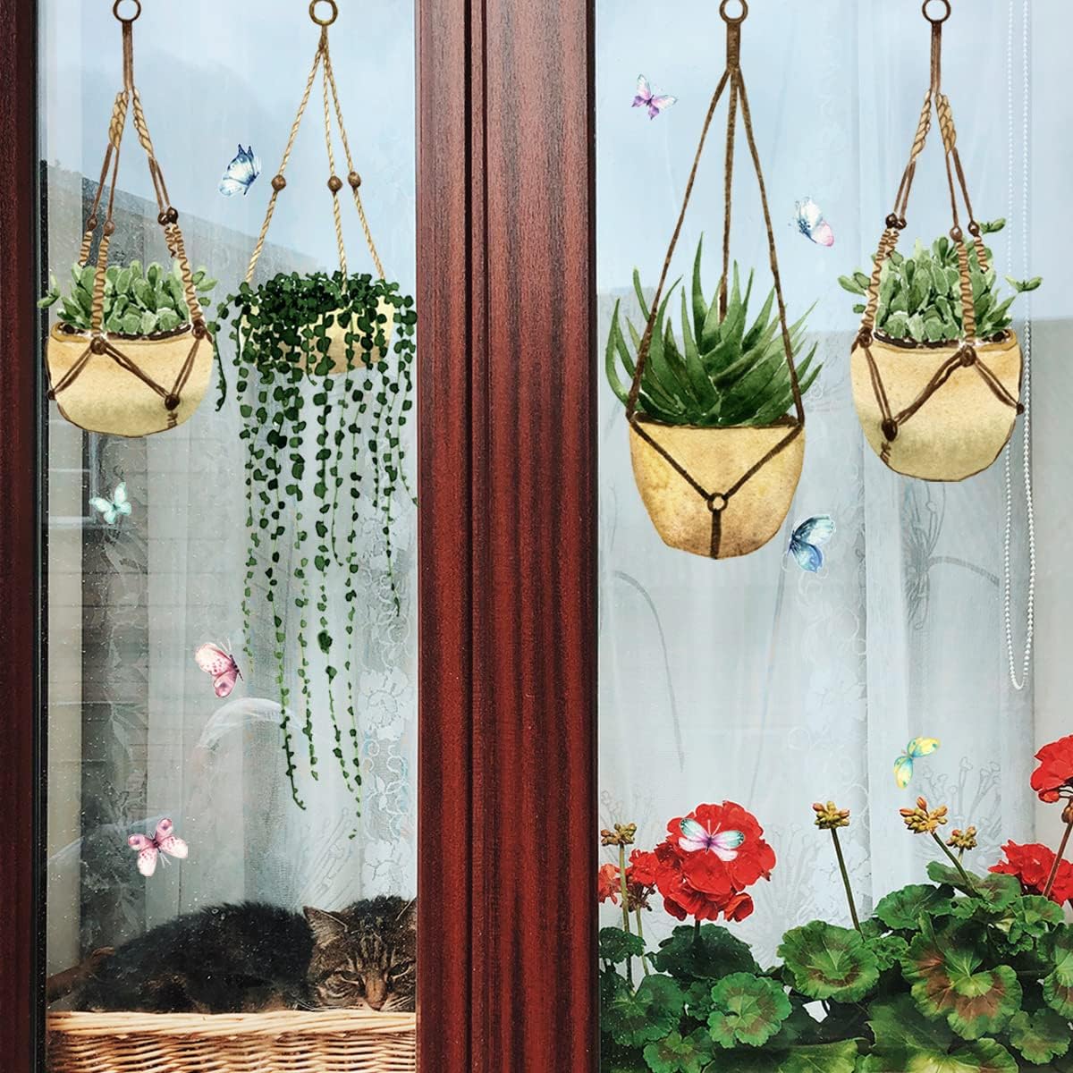 Calcomanías de pared para ventana de suculentas, PVC de doble cara para colgar plantas verdes, mariposas, anticolisión, removibles, calcomanías de