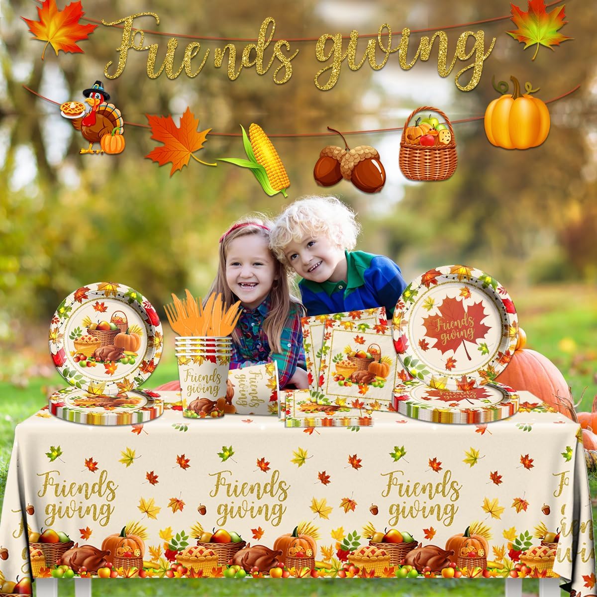 Decoraciones para fiestas de amigos, 142 piezas de vajilla de otoño, incluye platos de papel, mantel, tazas, calabaza, arce, pavo, decoraciones