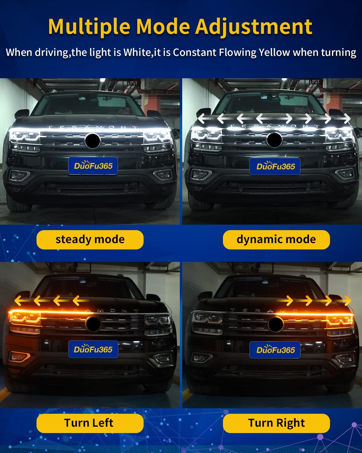 Tira de luz LED para capó exterior de automóvil, kit de iluminación dinámica de doble color, luces LED de circulación diurna blanca y ámbar