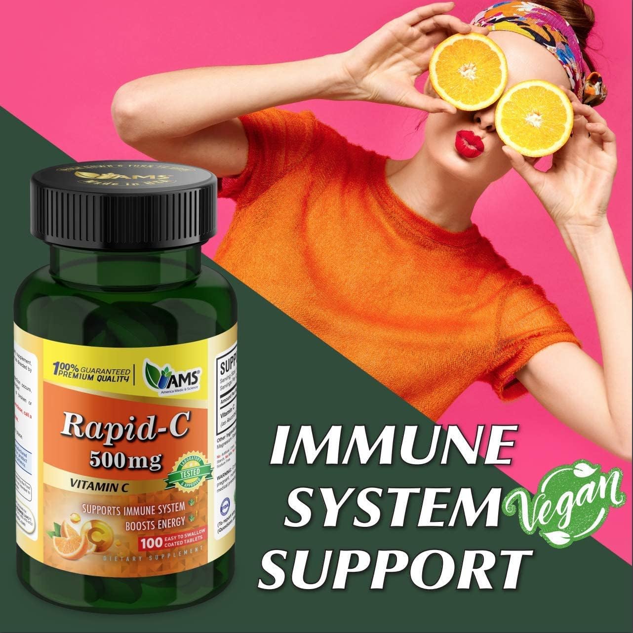 America Medic & Science Rapid-C – Suplemento de vitamina C de 500 mg (paquete de 3 100 tabletas), refuerzo de energía, apoyo diario del sistema
