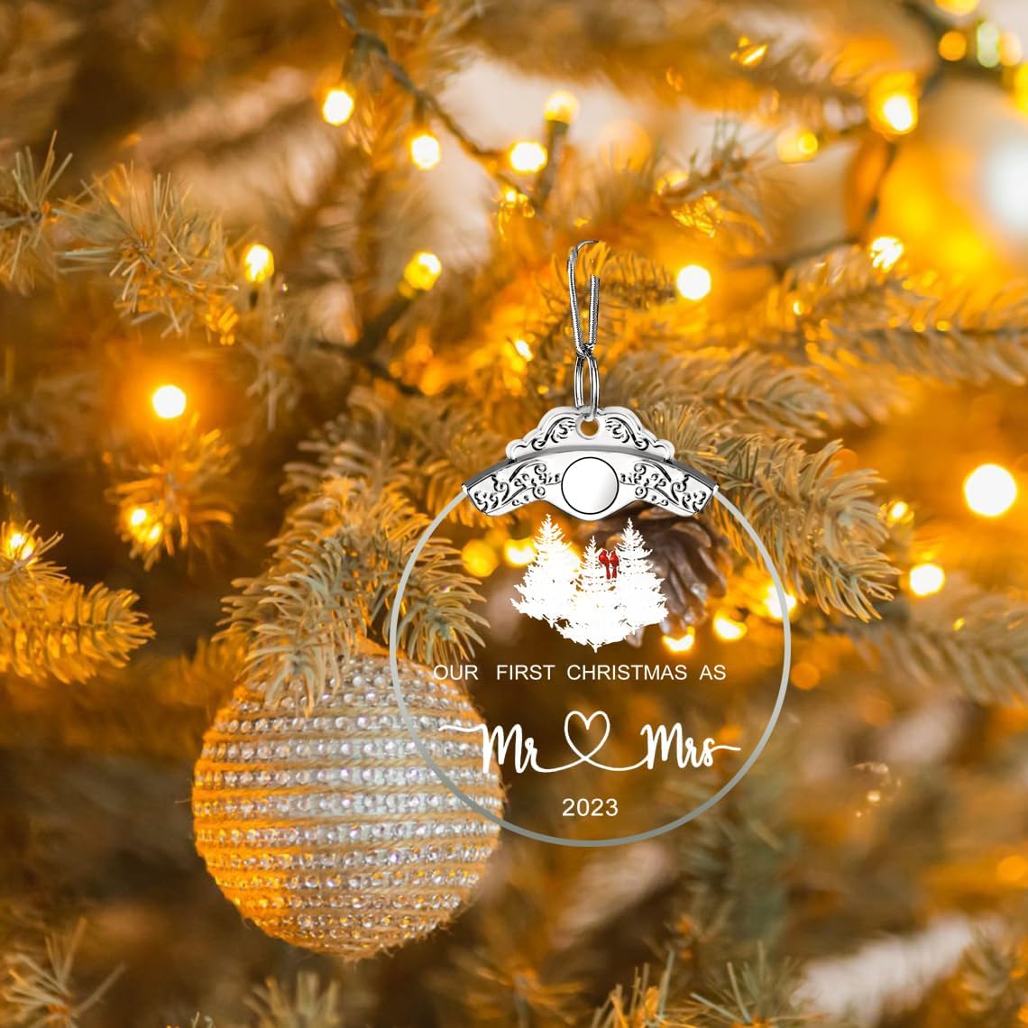 Adorno de compromiso con texto en inglés “Our First Christmas Mr Mrs New Home, para parejas, adornos de Navidad, decoración para colgar en el árbol