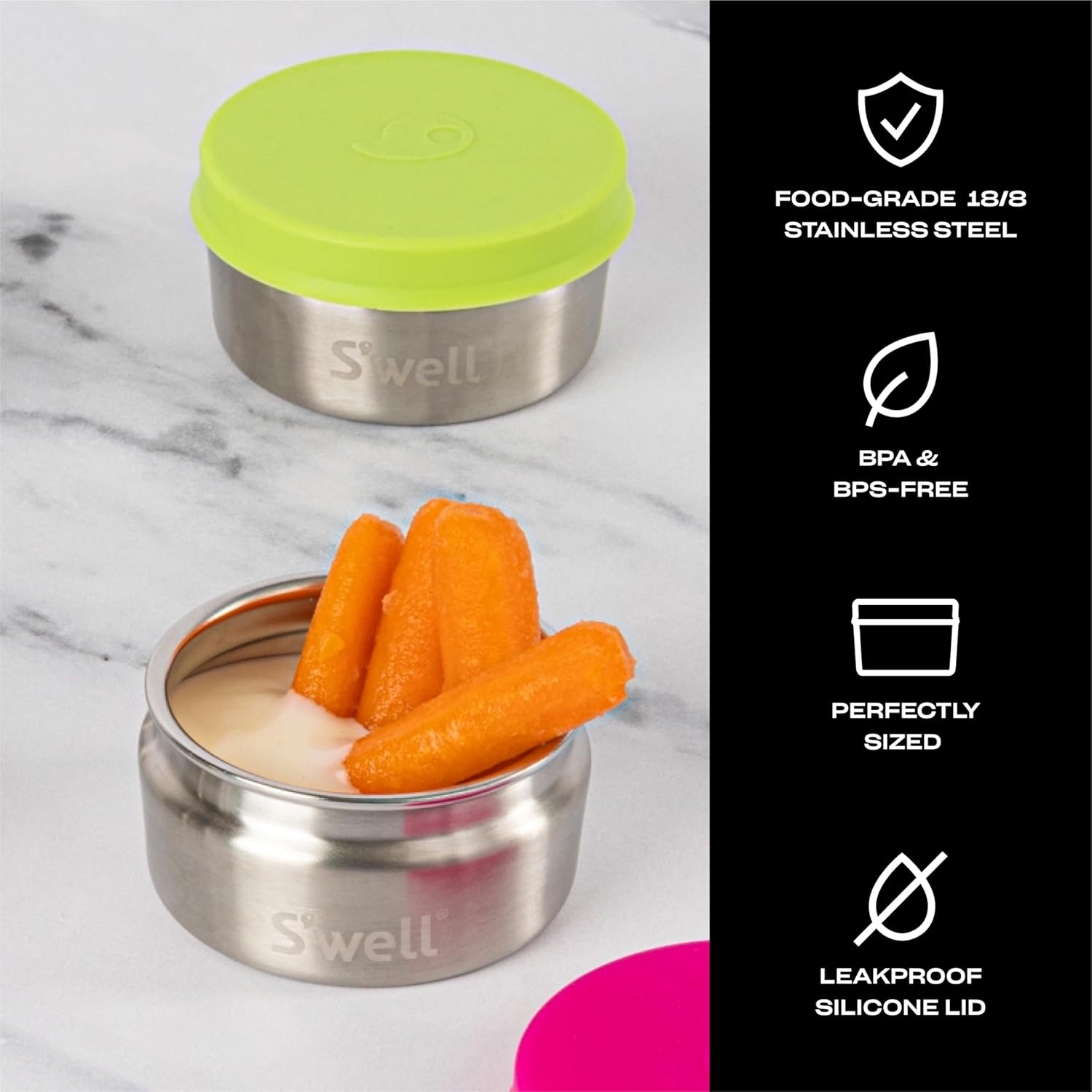 S’well Juego de recipientes de condimentos de acero inoxidable con tapas de silicona a prueba de fugas, juego de dos recipientes de 2 onzas, fruta
