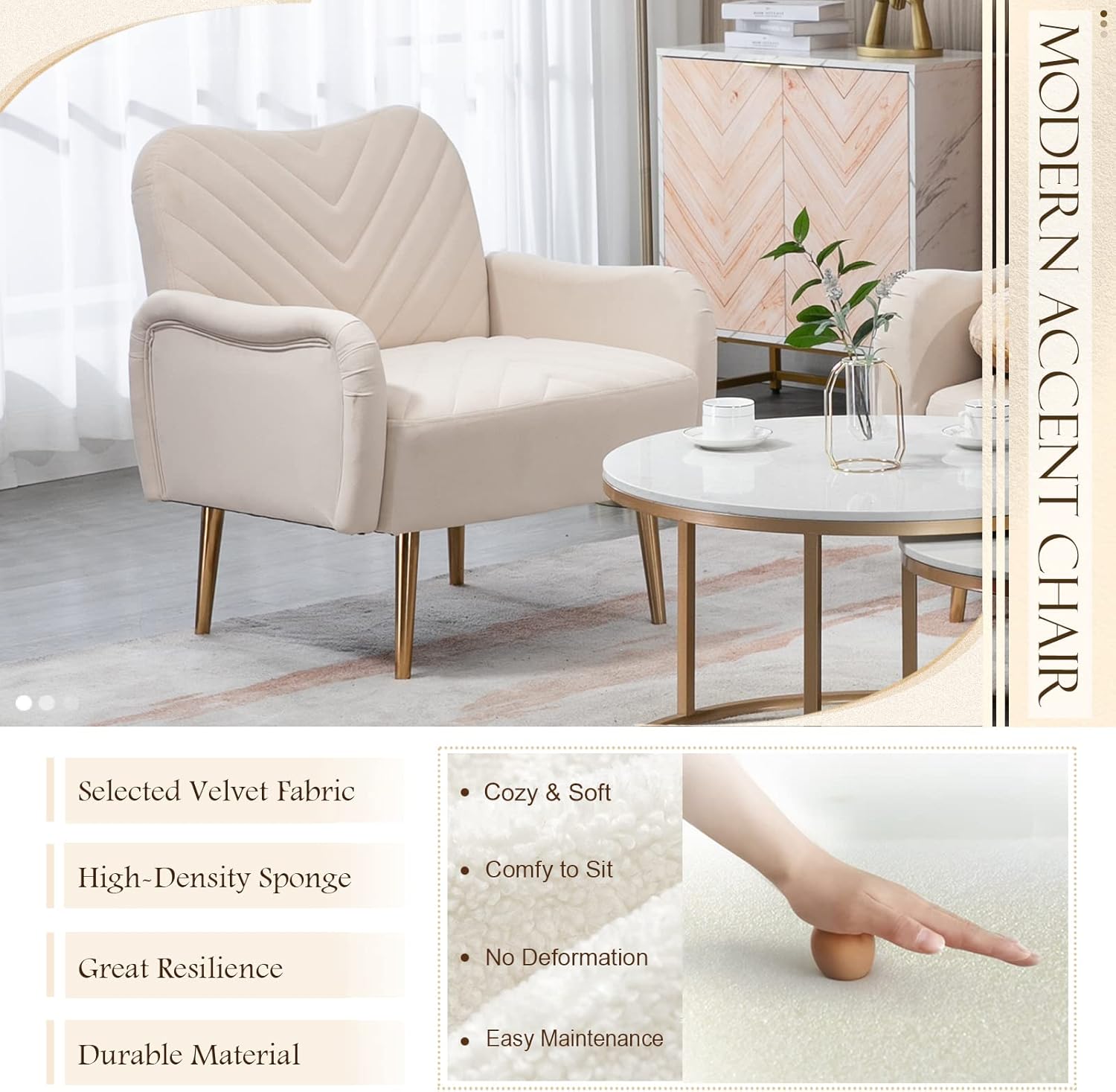 Antetek Silla decorativa moderna de terciopelo, sillón tapizado para sofá individual con patas de metal dorado rosa, sillón lateral copetudo para