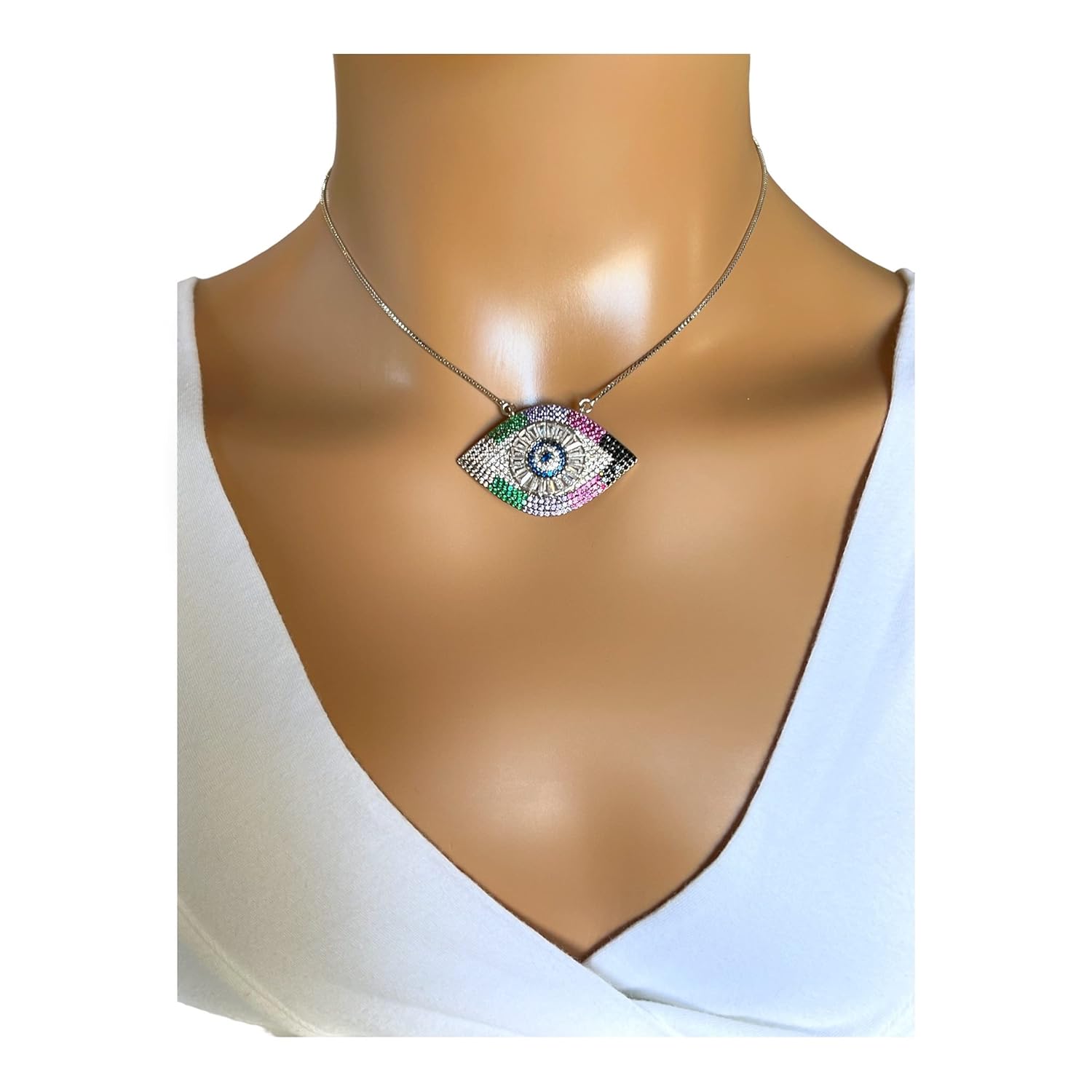SIFRIMANIA Lucky Charm Necklace Evil Eye Pendant Adjustable Length and Vibrant Cubic Zirconia Stones for Good Luck (Silver)