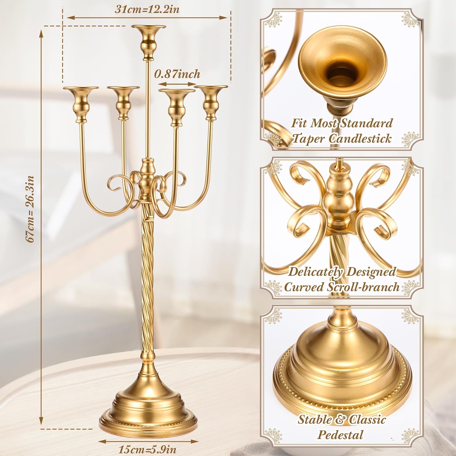 Rtteri 6 candelabros dorados de metal para velas cónicas para centros de mesa, bodas, Navidad, vacaciones, fiesta de cumpleaños (5 brazos, 12.2 x